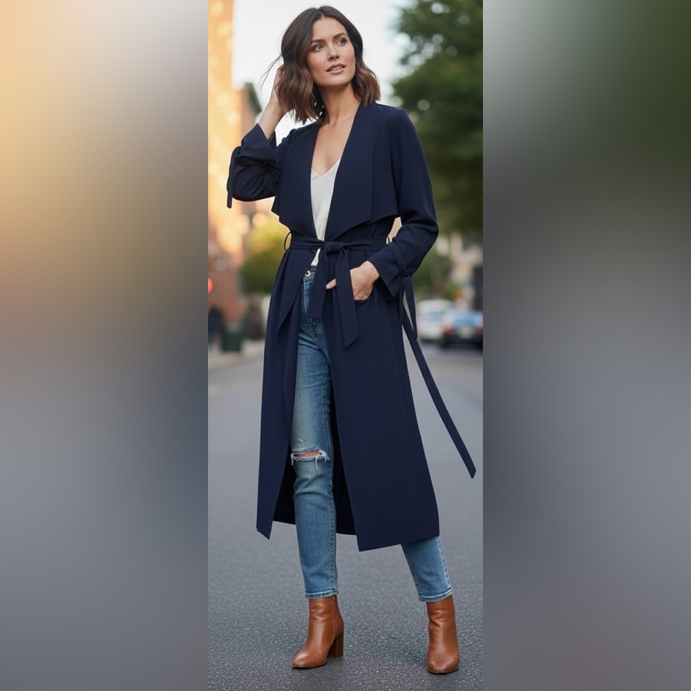 BCBGMaxAzria Navy Blue Tie Sleeve Lightweight Trench Coat, Size XXS